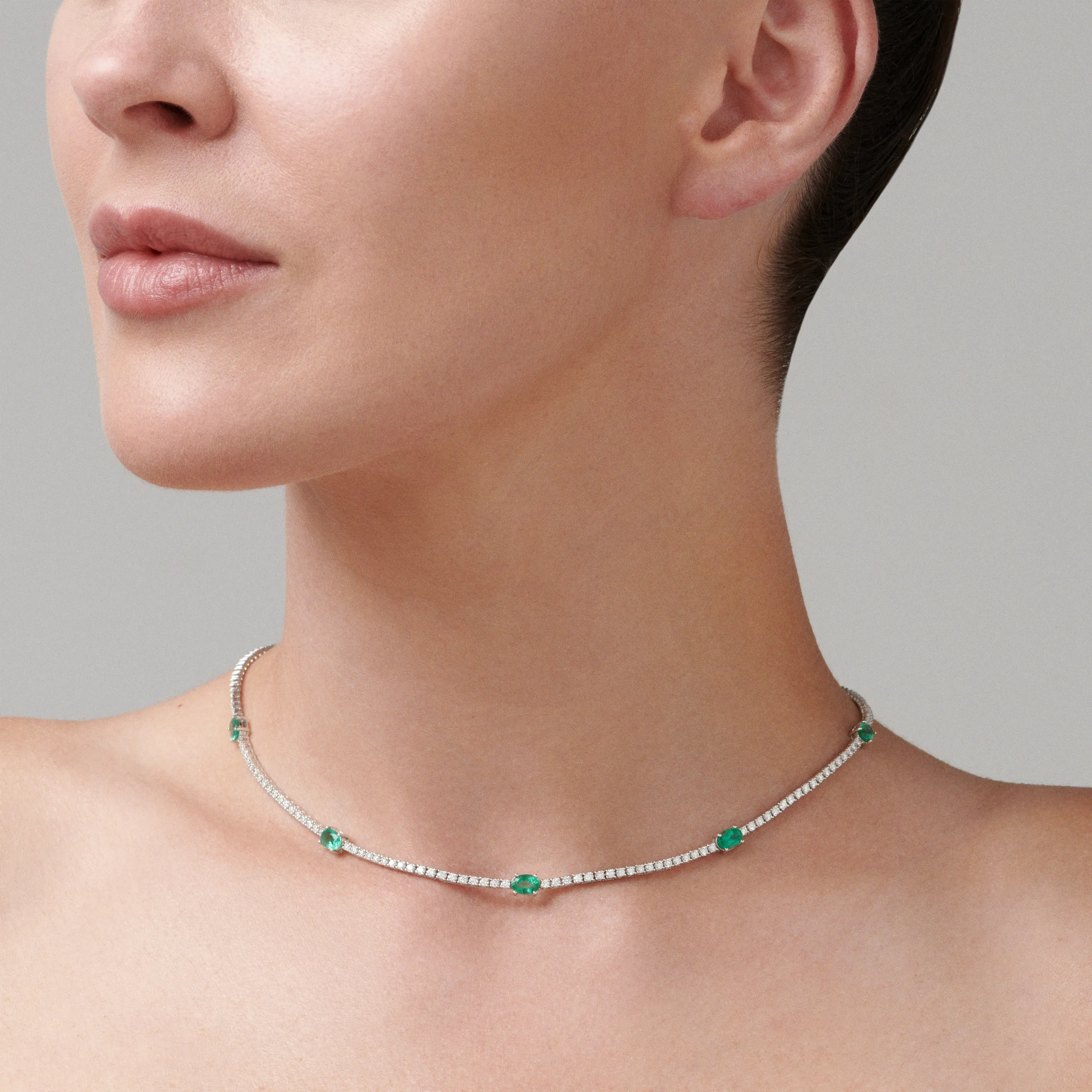 Classic Tennis Necklace with Emerald Gemstones | White Gold