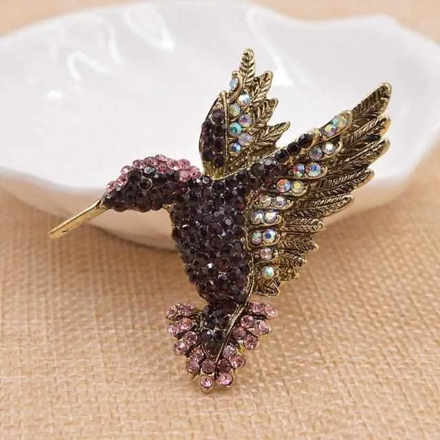 Colorful Rhinestone Hummingbird Brooch