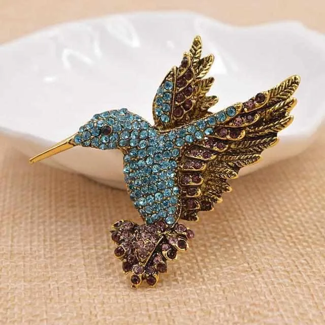 Colorful Rhinestone Hummingbird Brooch