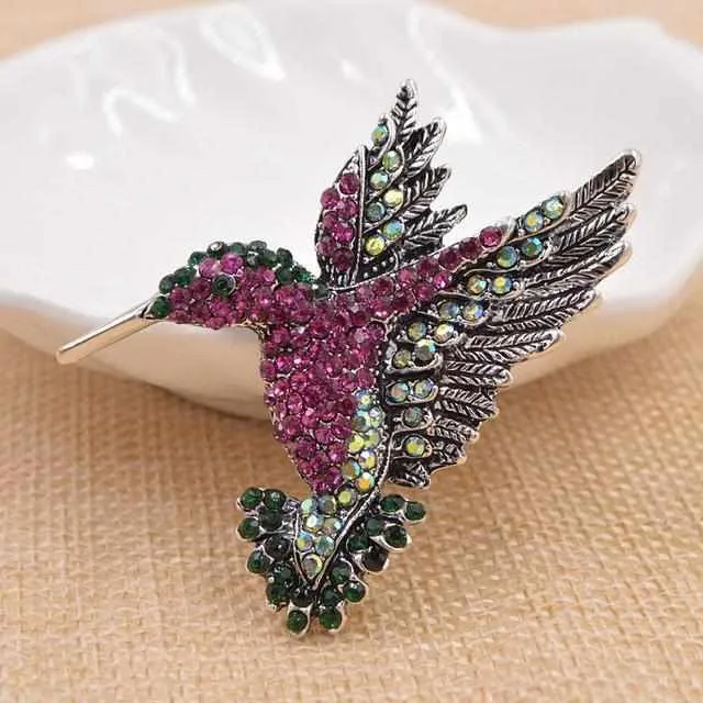 Colorful Rhinestone Hummingbird Brooch