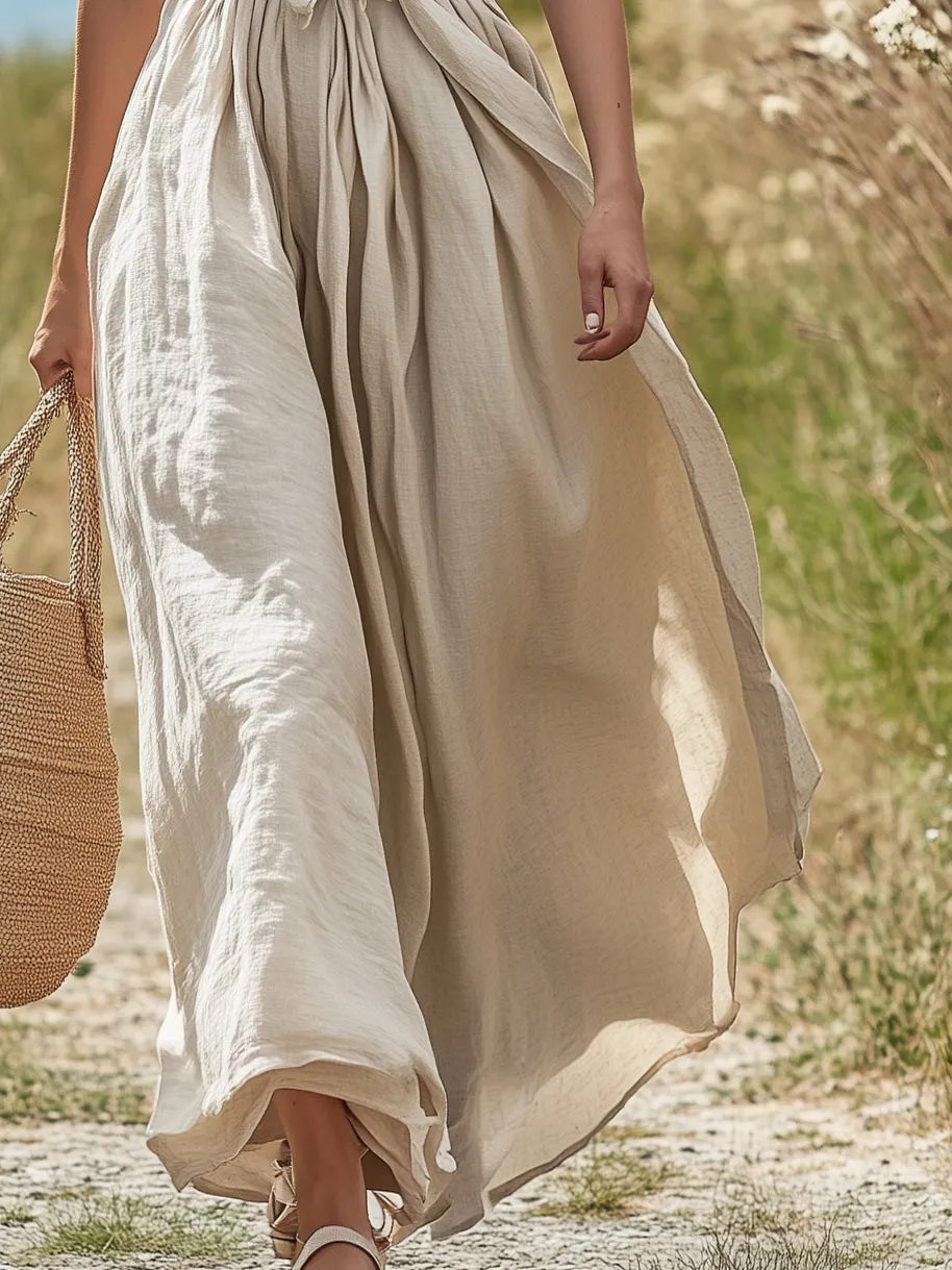 Comfortable Cotton and Linen V-Neck Sleeveless Maxi Dress