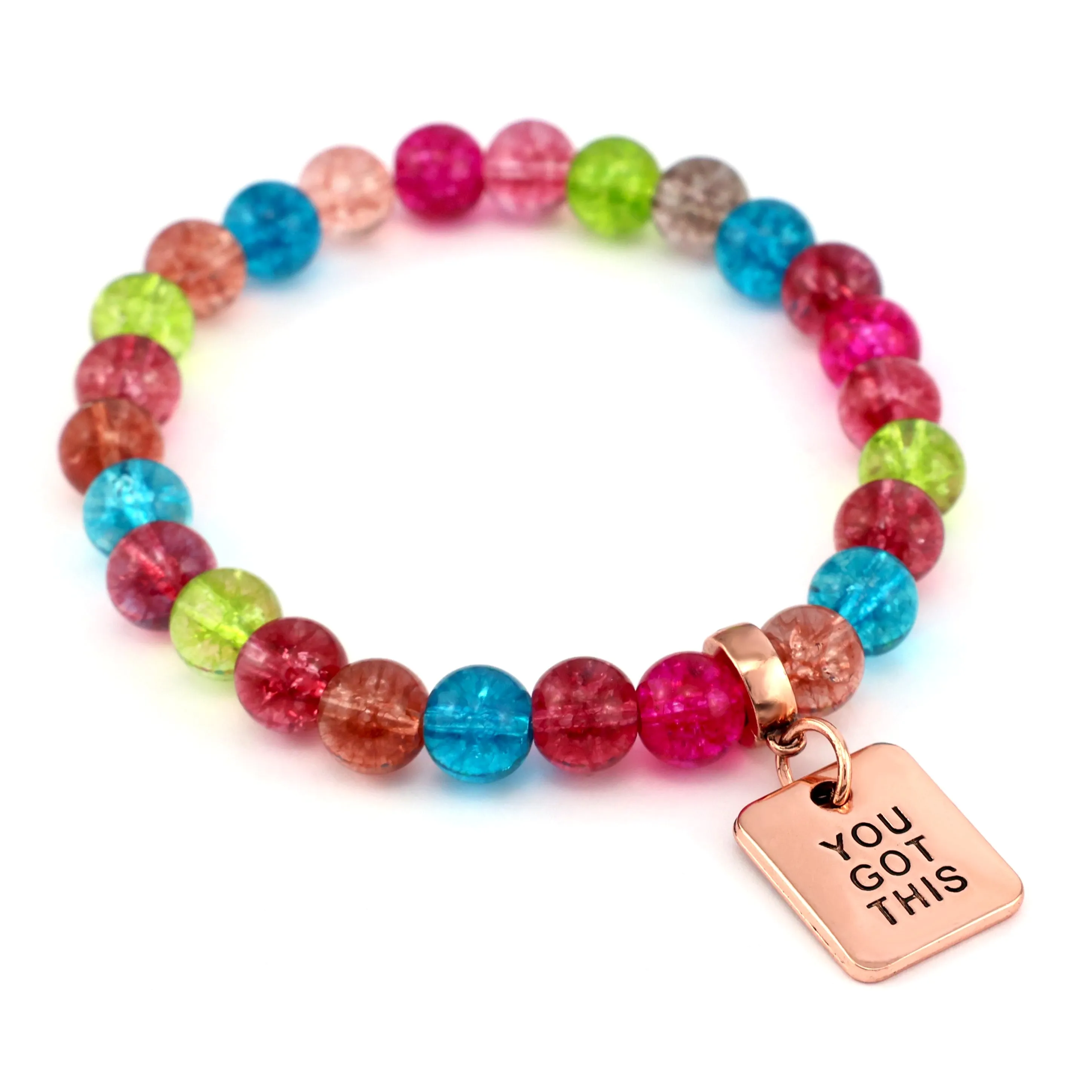 Crackle Pop Colours 8mm Bead Bracelet - with Rose Gold Charm