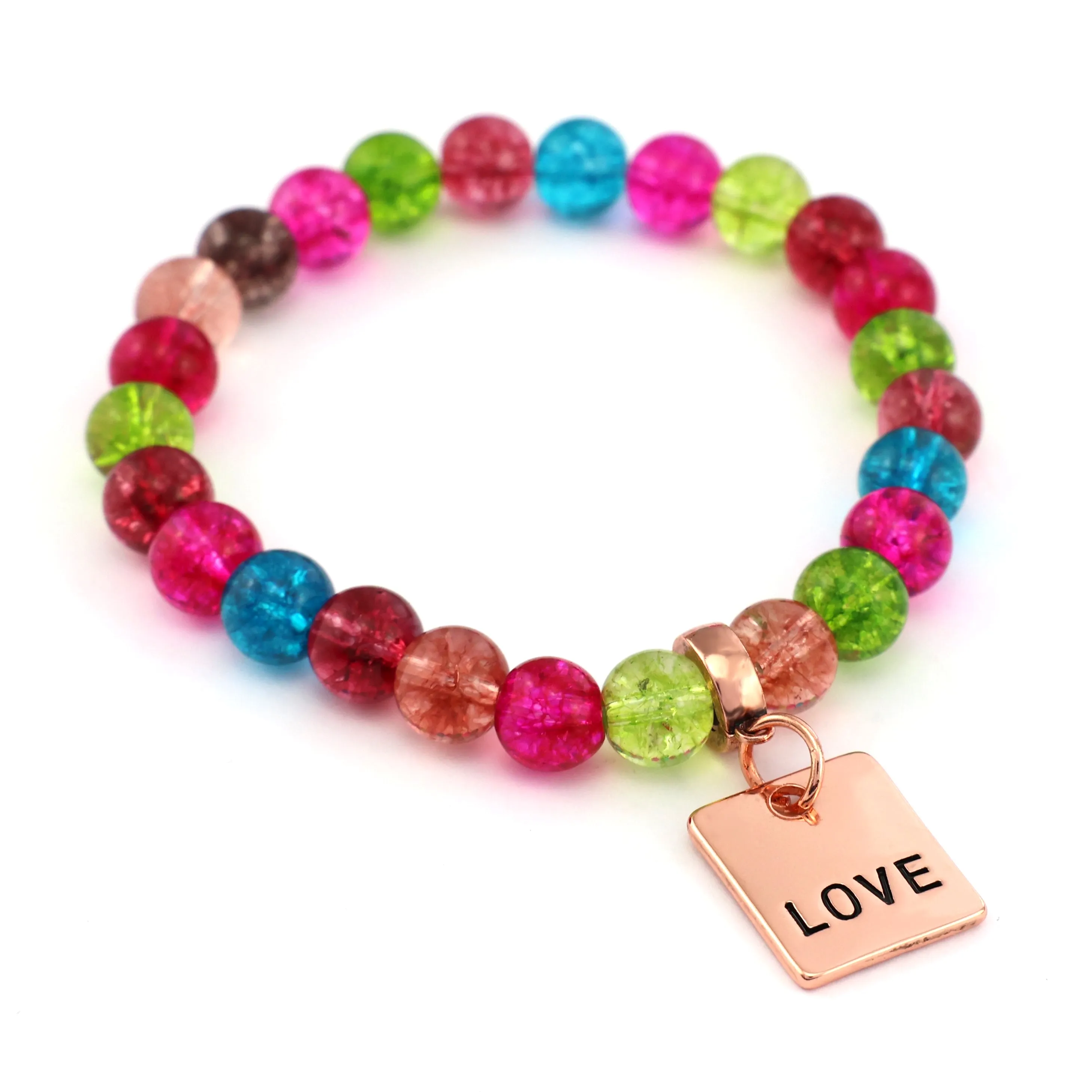 Crackle Pop Colours 8mm Bead Bracelet - with Rose Gold Charm