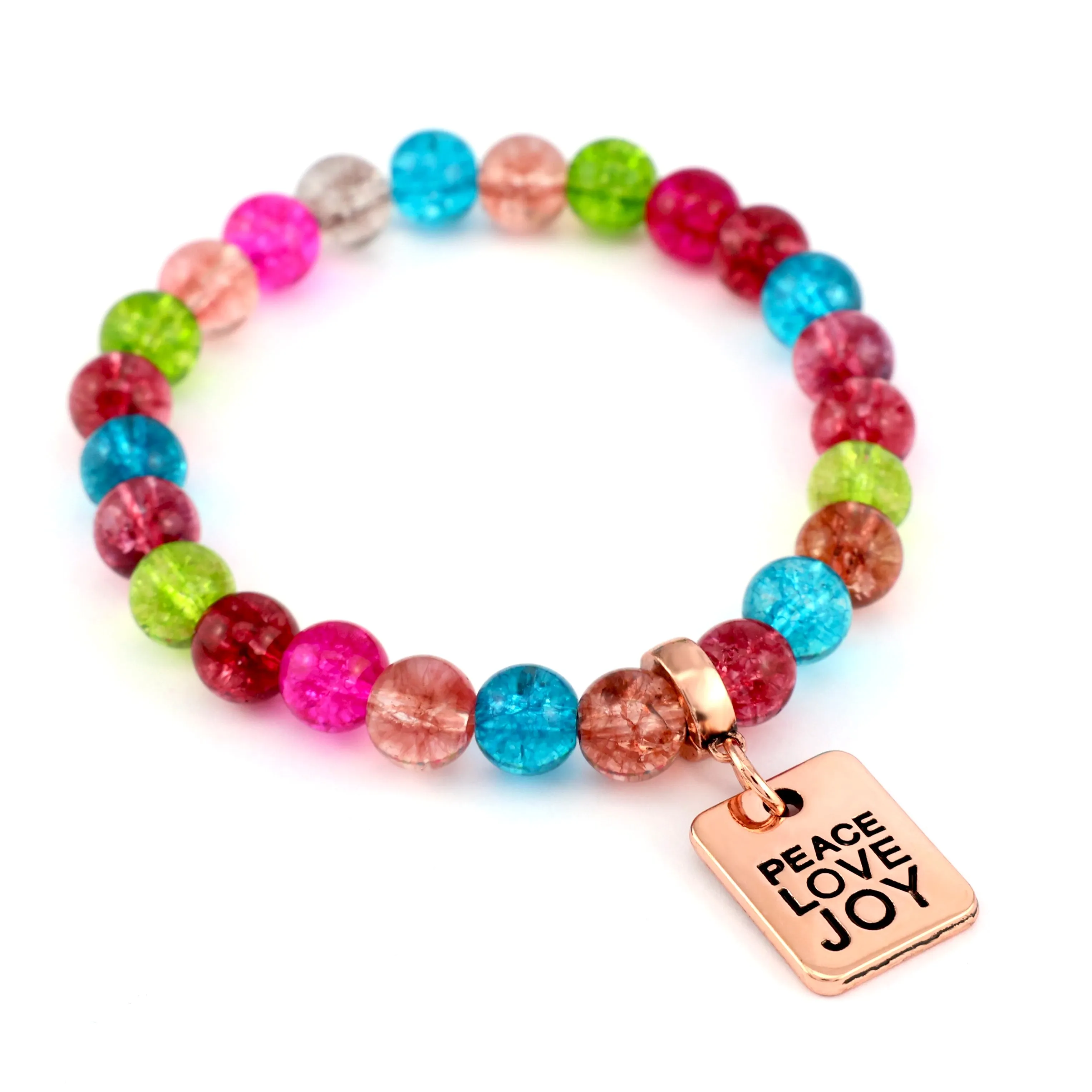 Crackle Pop Colours 8mm Bead Bracelet - with Rose Gold Charm