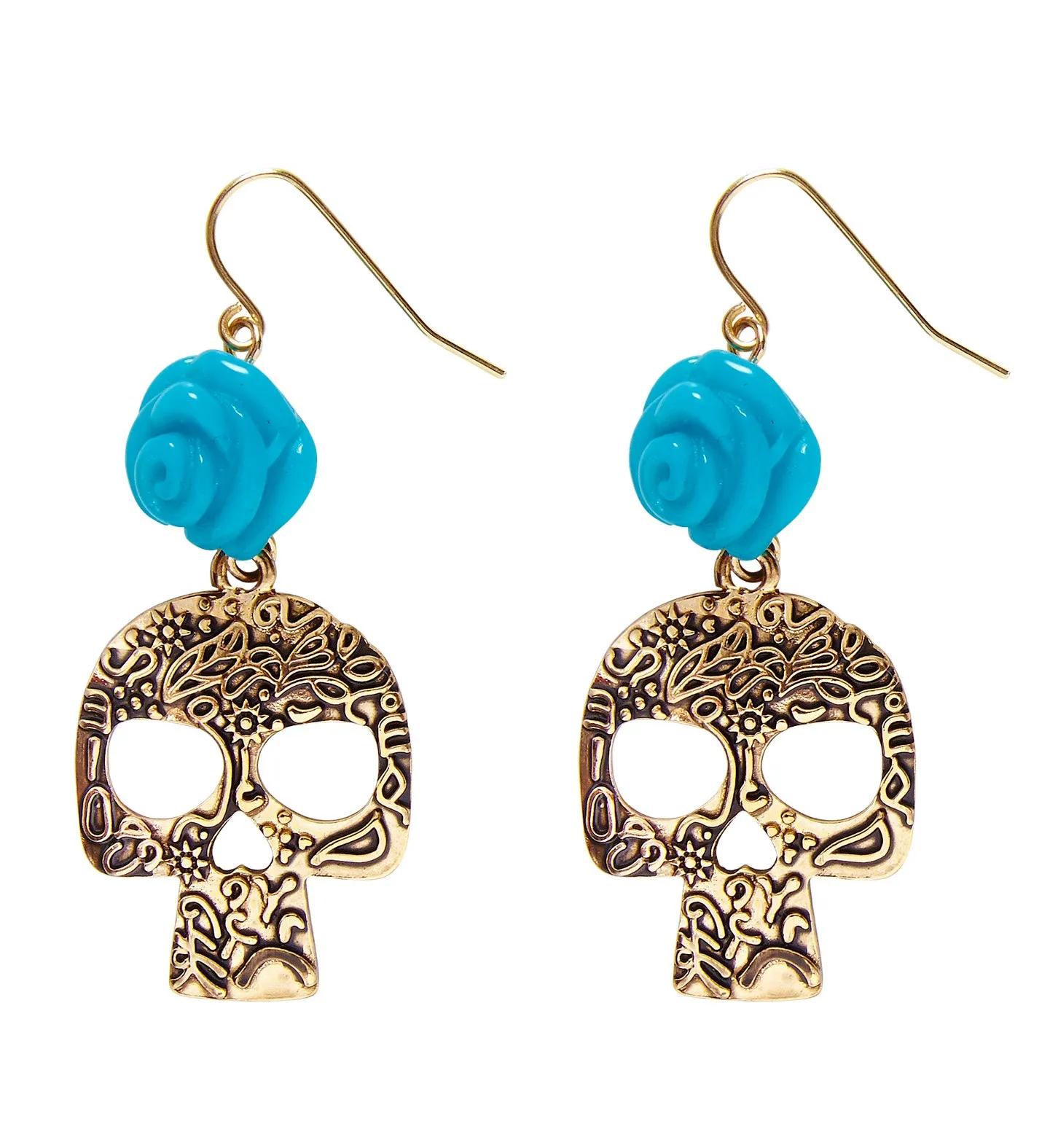 Day of the Dead Blue Rose Gold Skull Earrings