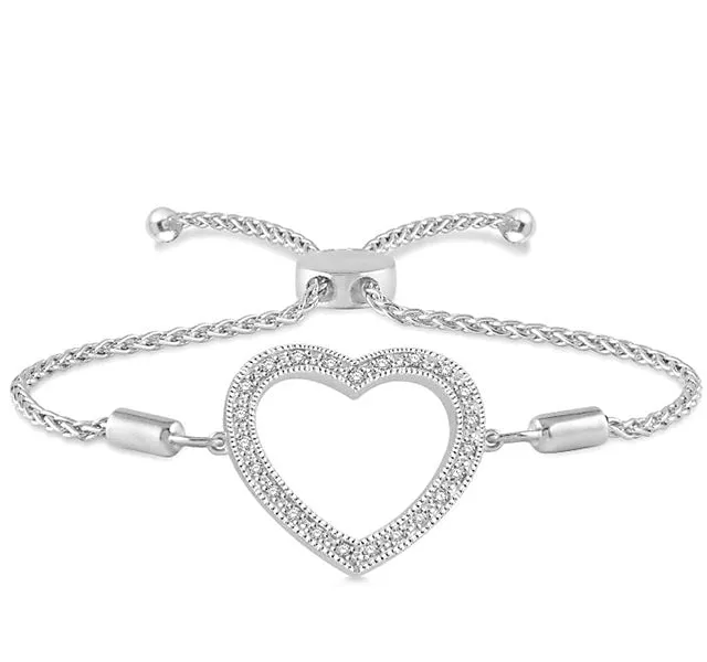 Diamond Heart Adjustable Slide Bracelet in Sterling Silver