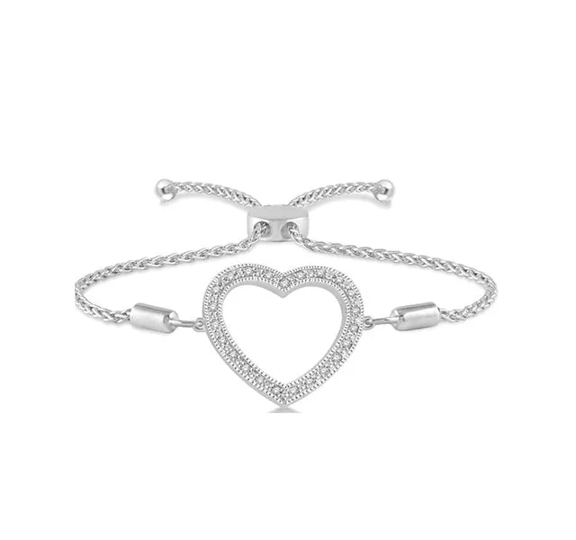 Diamond Heart Adjustable Slide Bracelet in Sterling Silver