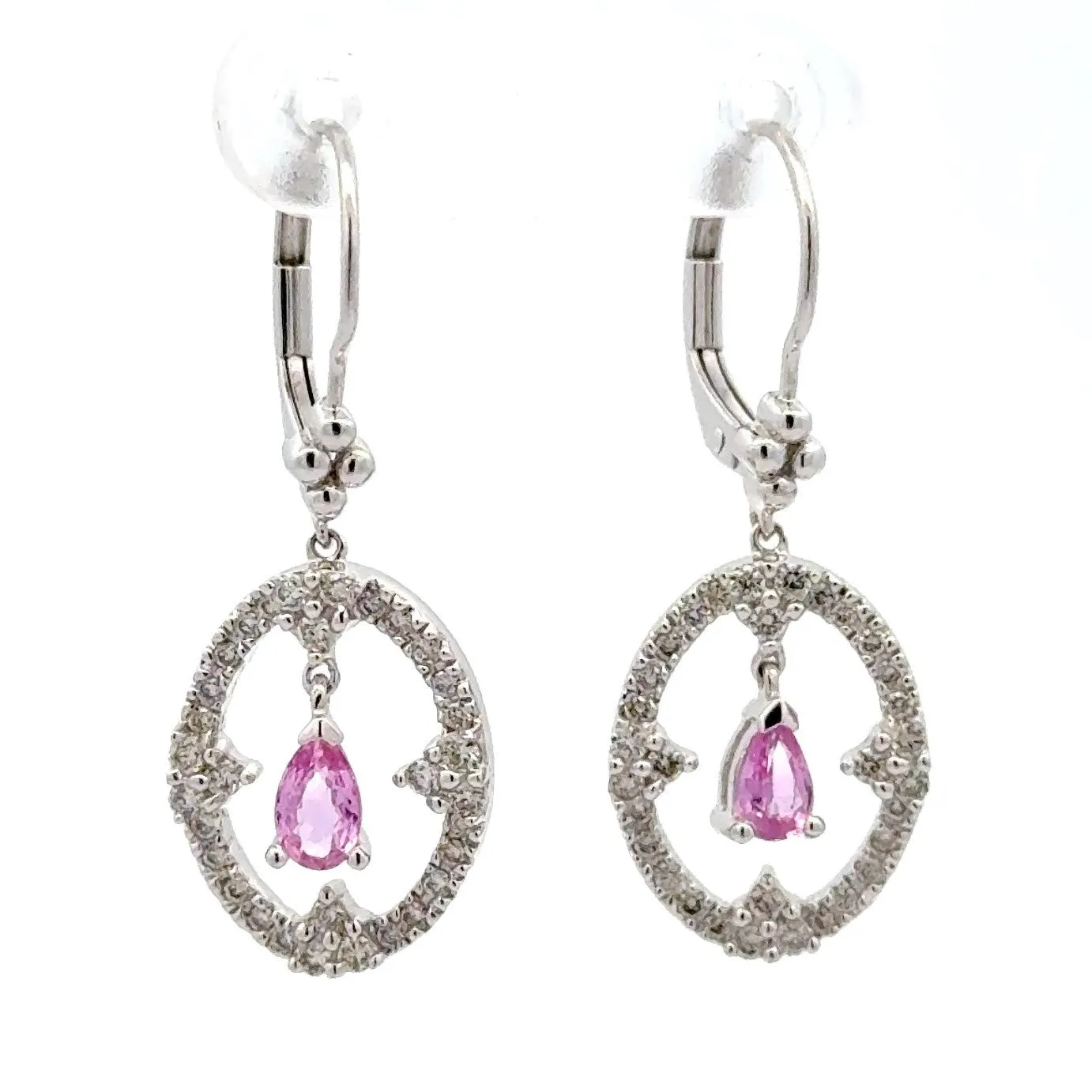 Estate 14K White Gold Pink Sapphire & Diamond Dangle Earrings