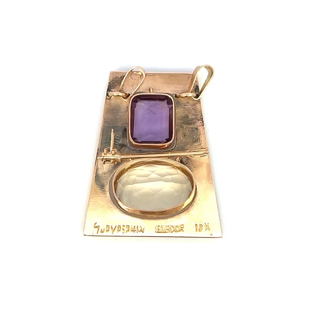 Estate 18K Yellow Gold Amethyst & Citrine Pin/Pendant