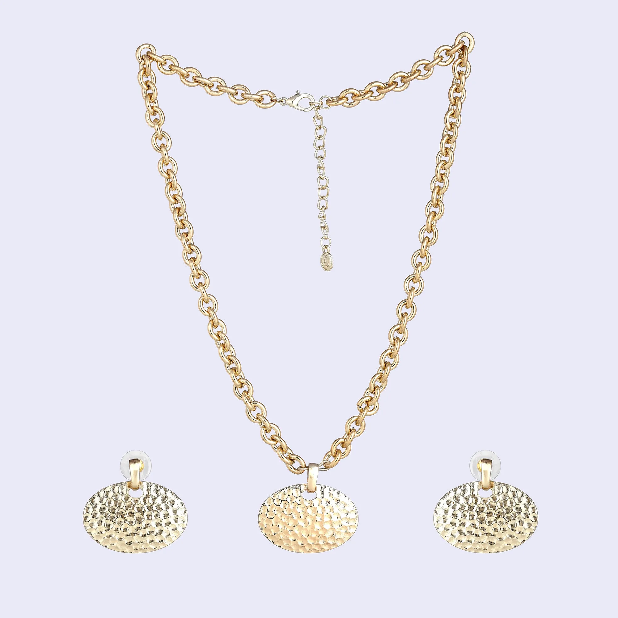 Estele Gold Tone Modern Elliptical Design Beaten Gold Necklace Set for Women