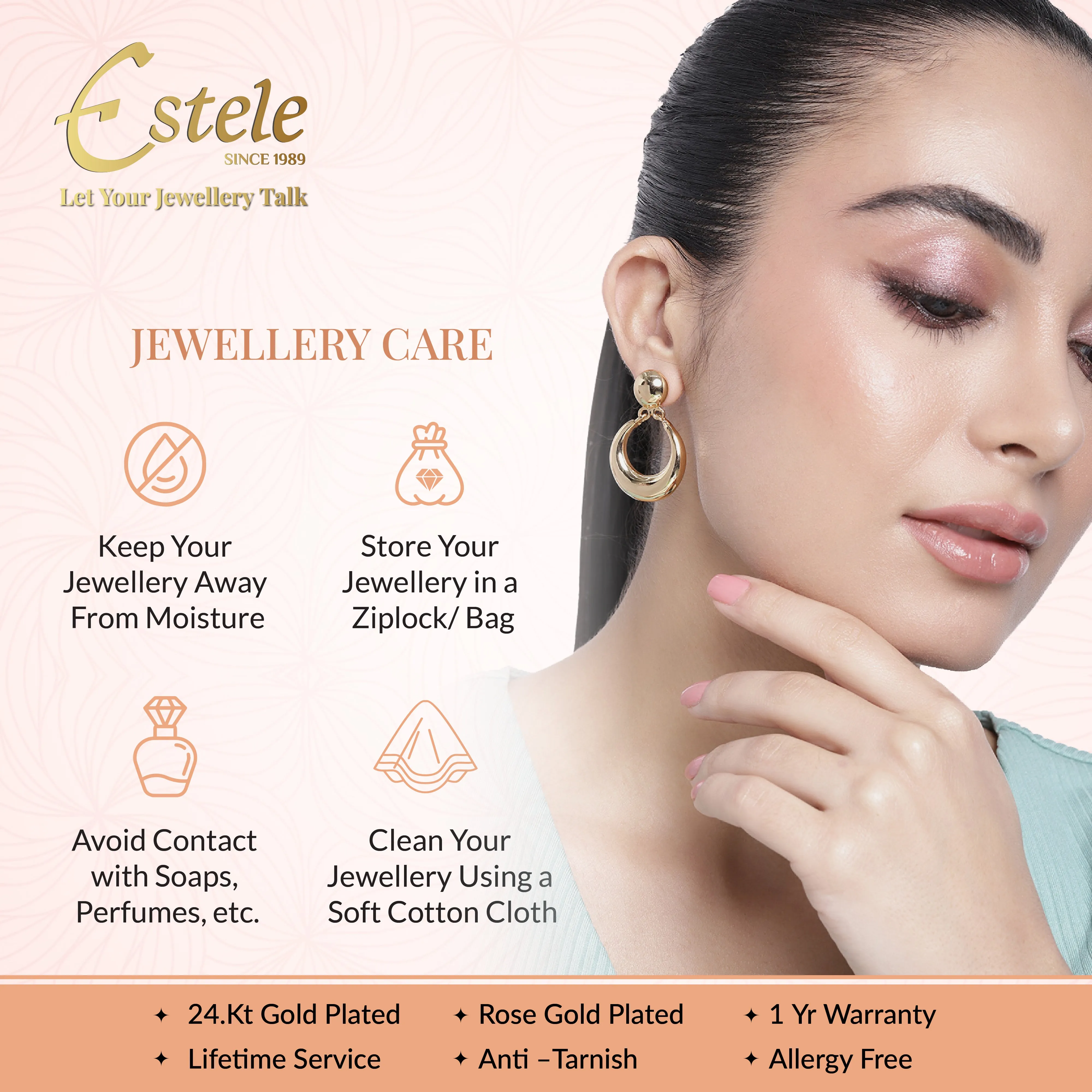 Estele Gold Tone Modern Elliptical Design Beaten Gold Necklace Set for Women