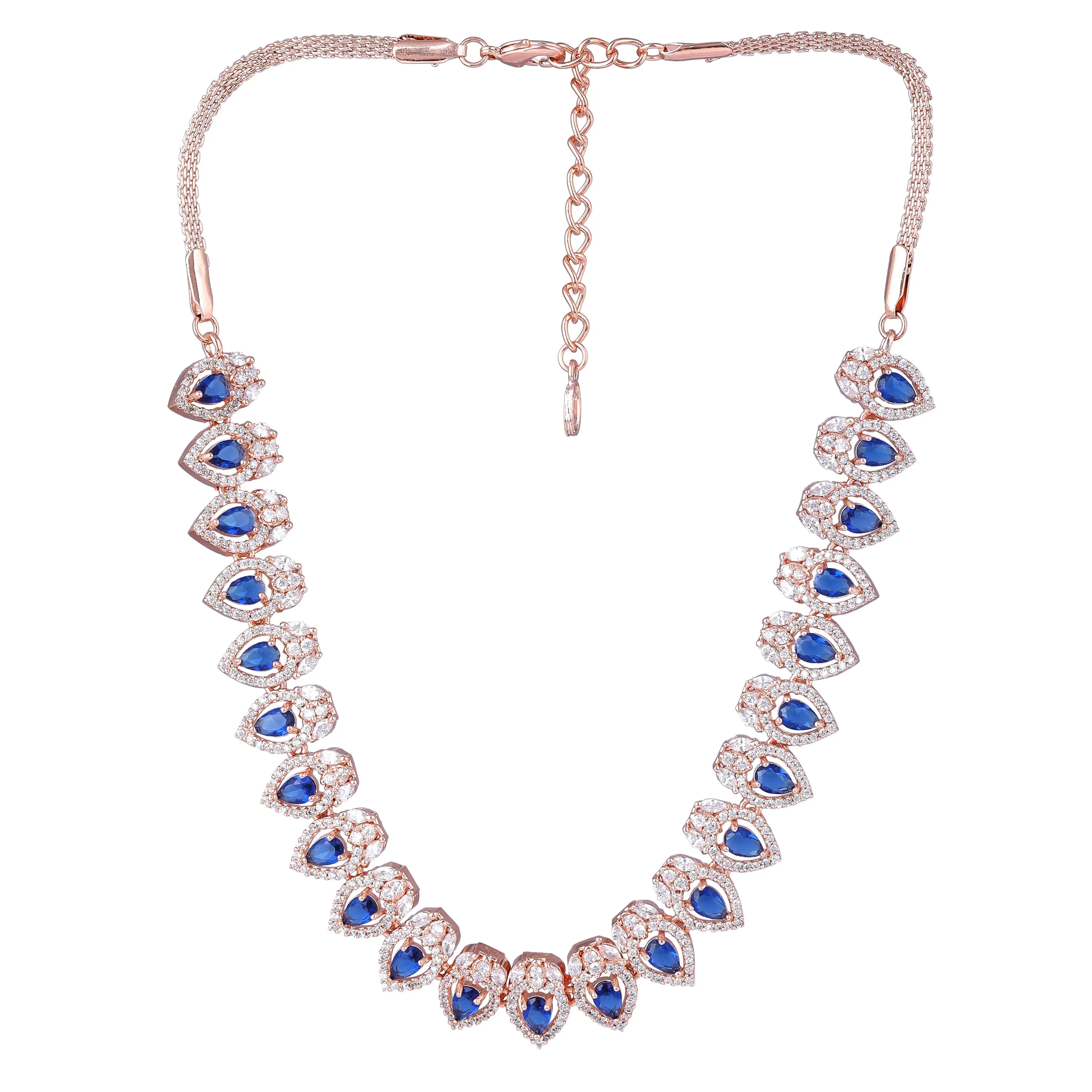 Estele Rose Gold Plated CZ Classic Pear Designer Necklace Set with Blue Stones for Women