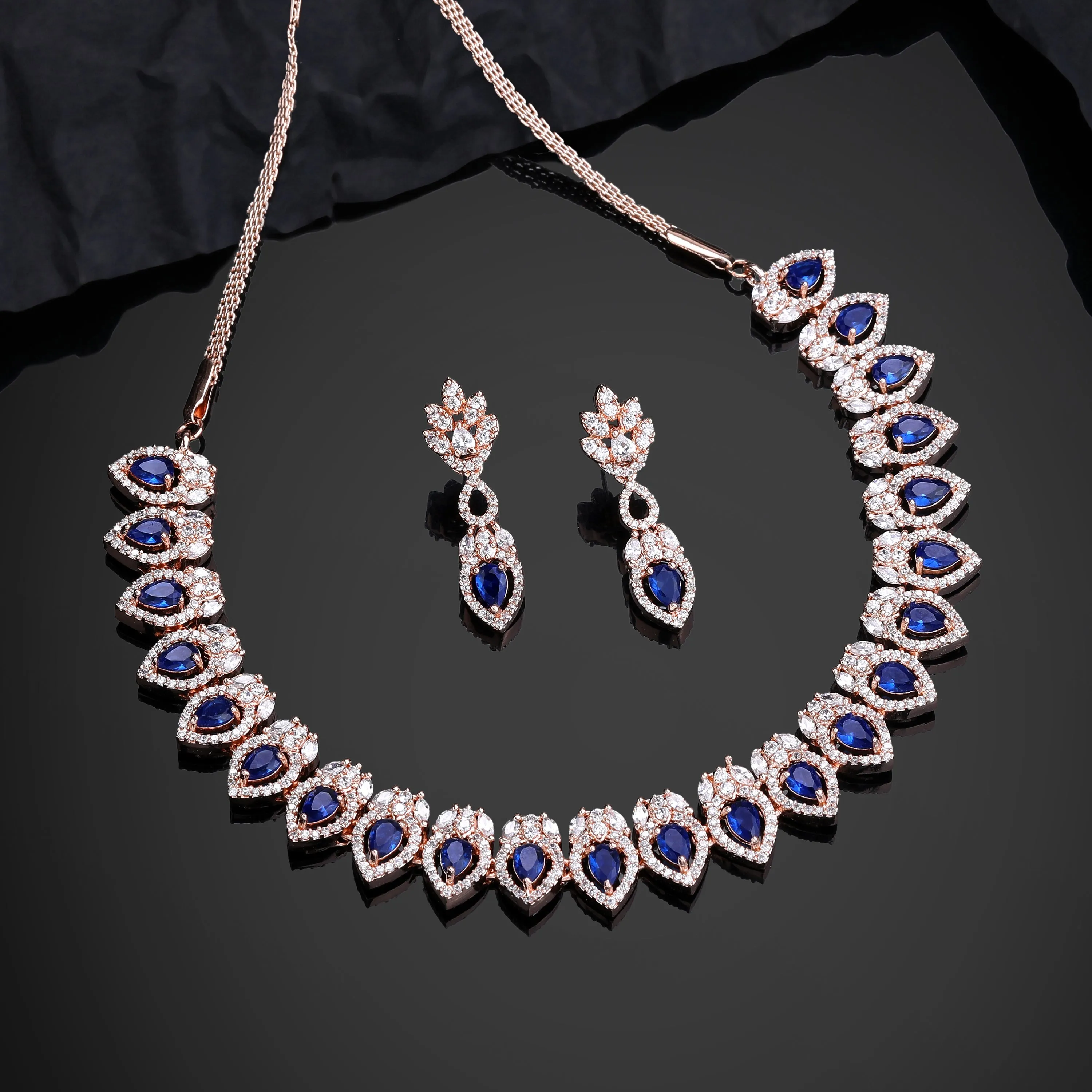 Estele Rose Gold Plated CZ Classic Pear Designer Necklace Set with Blue Stones for Women