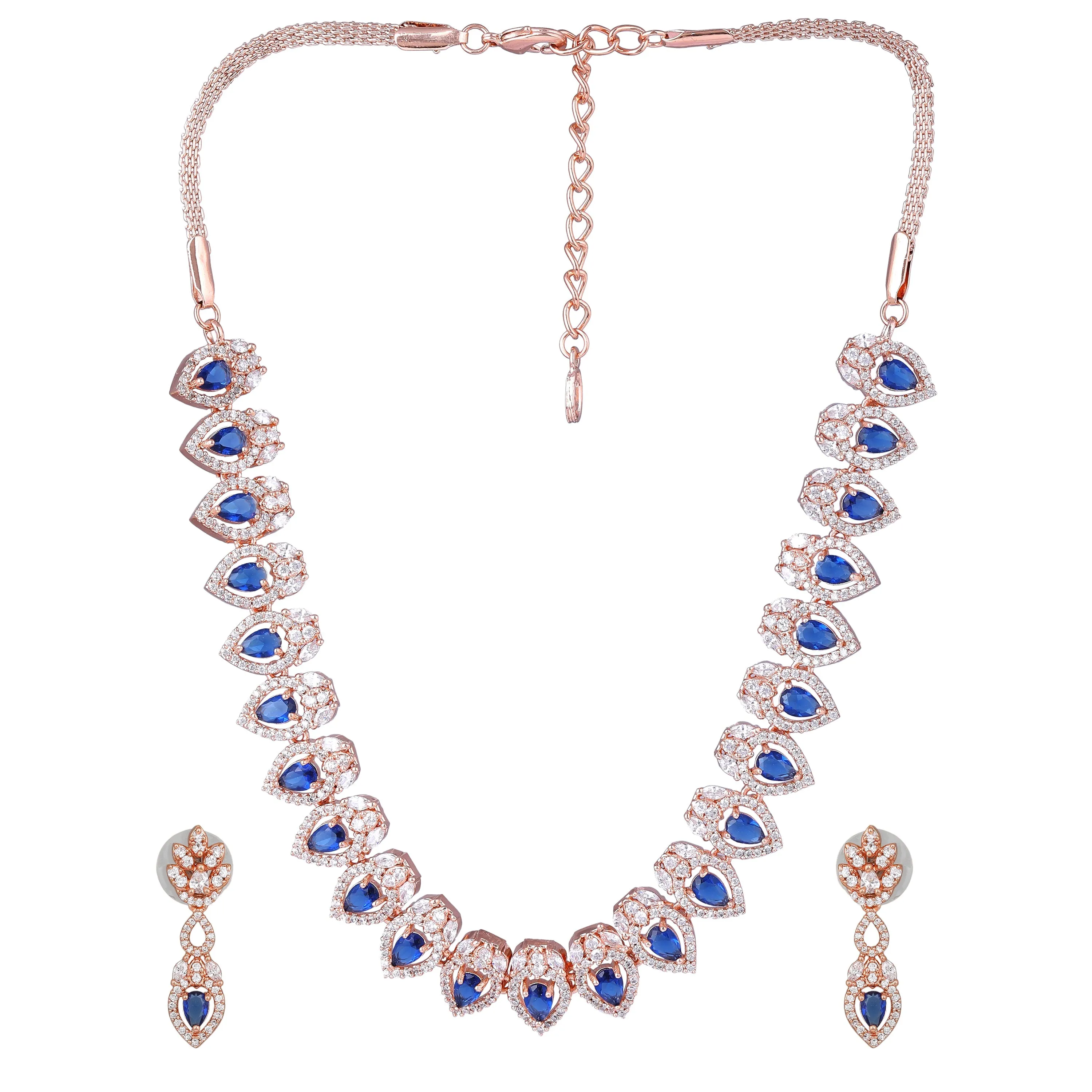 Estele Rose Gold Plated CZ Classic Pear Designer Necklace Set with Blue Stones for Women