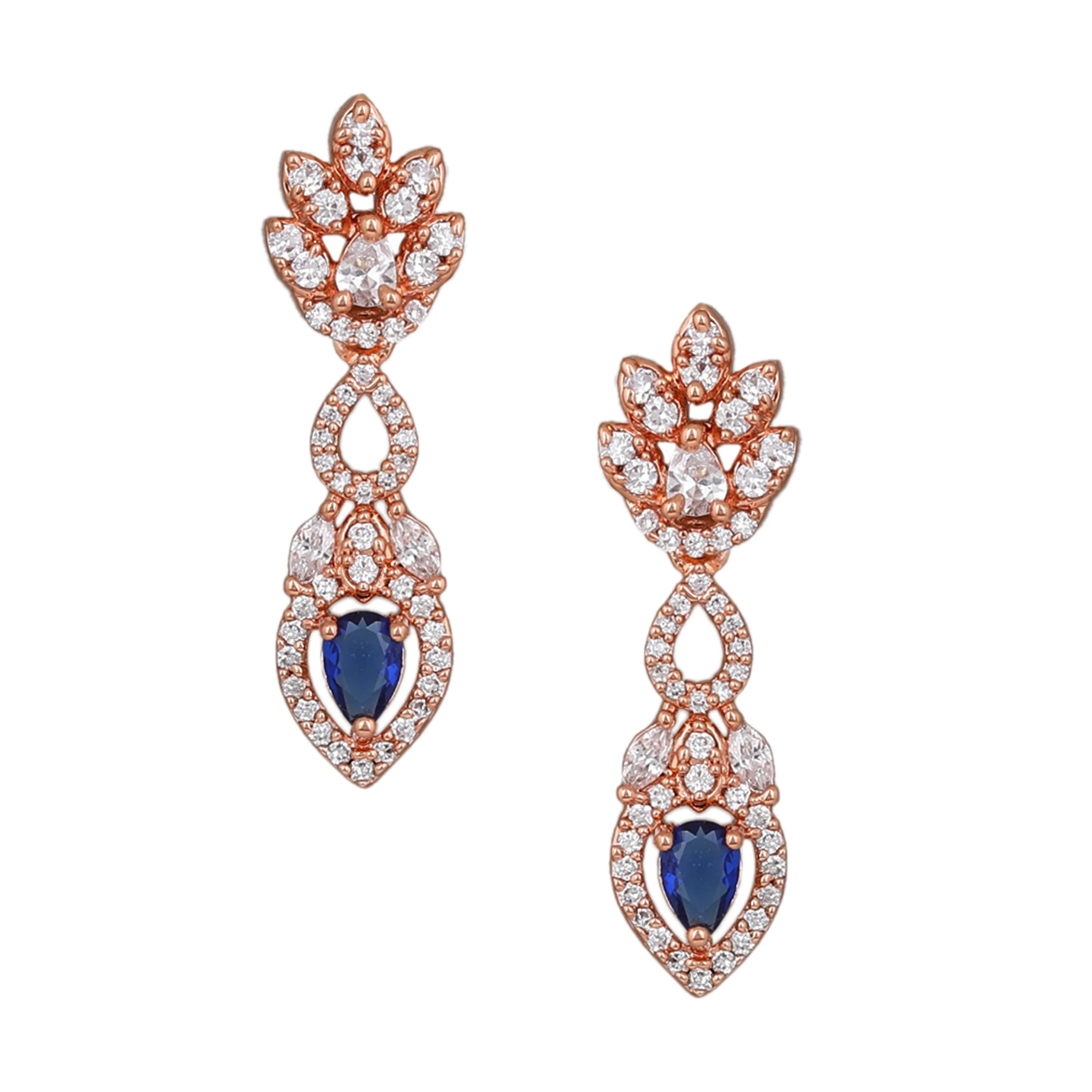 Estele Rose Gold Plated CZ Classic Pear Designer Necklace Set with Blue Stones for Women