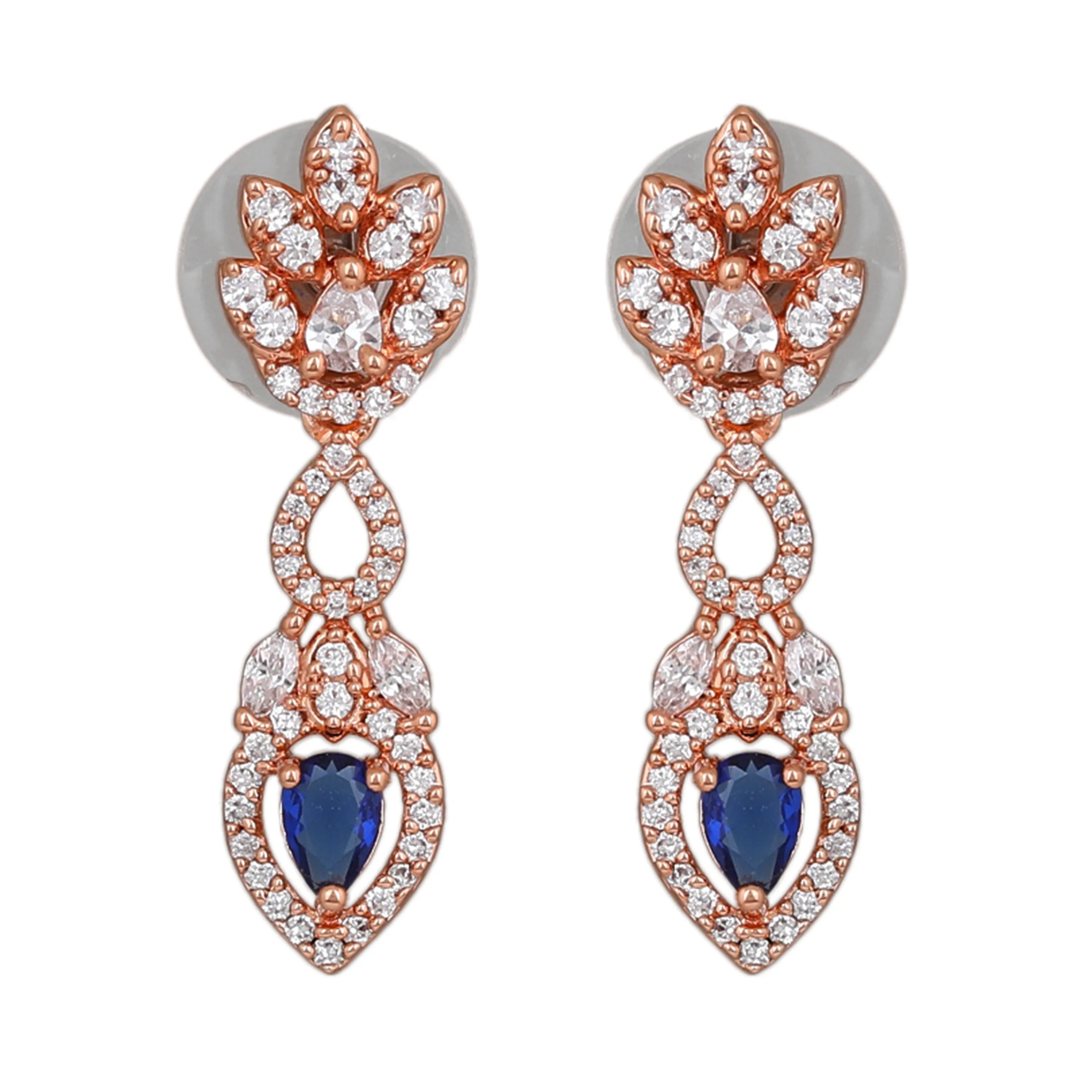 Estele Rose Gold Plated CZ Classic Pear Designer Necklace Set with Blue Stones for Women