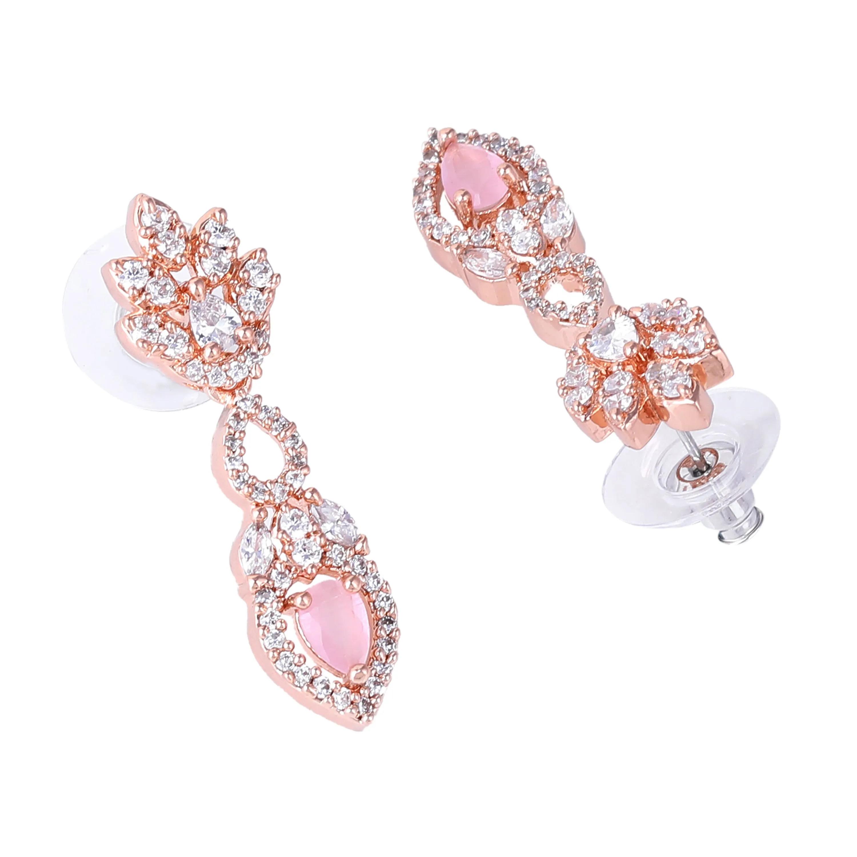 Estele Rose Gold Plated CZ Classic Pear Designer Necklace Set with Mint Pink Stones for Women