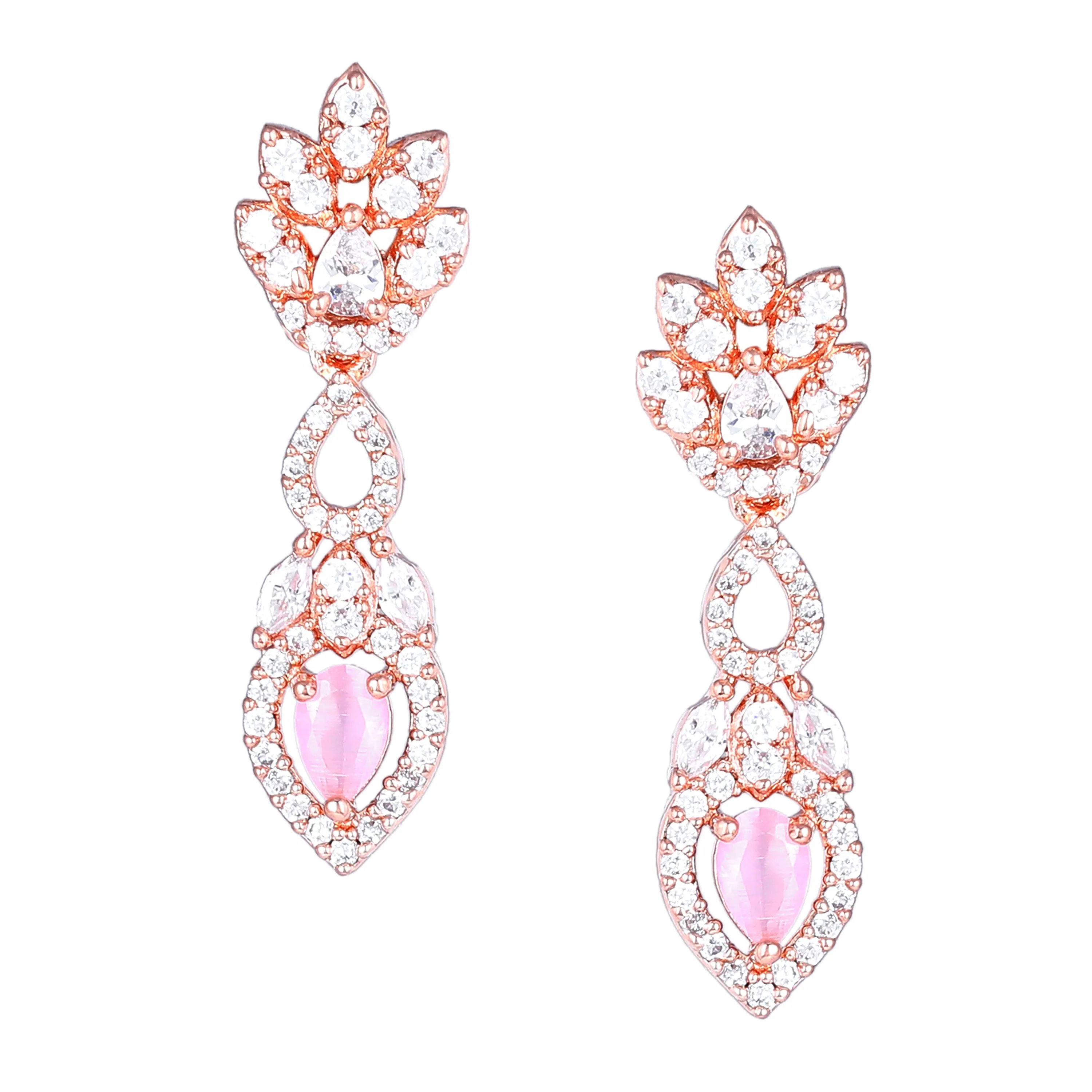 Estele Rose Gold Plated CZ Classic Pear Designer Necklace Set with Mint Pink Stones for Women