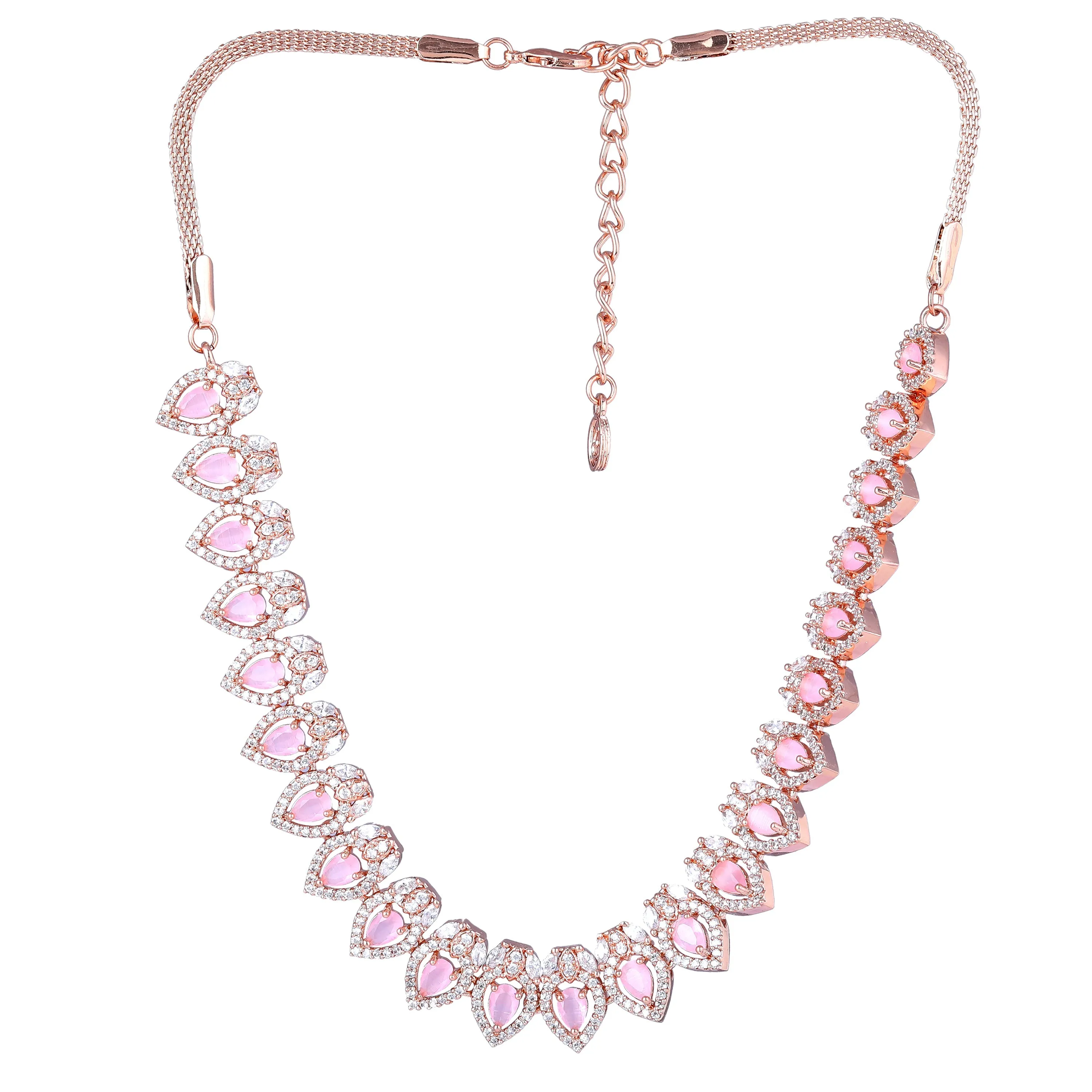 Estele Rose Gold Plated CZ Classic Pear Designer Necklace Set with Mint Pink Stones for Women