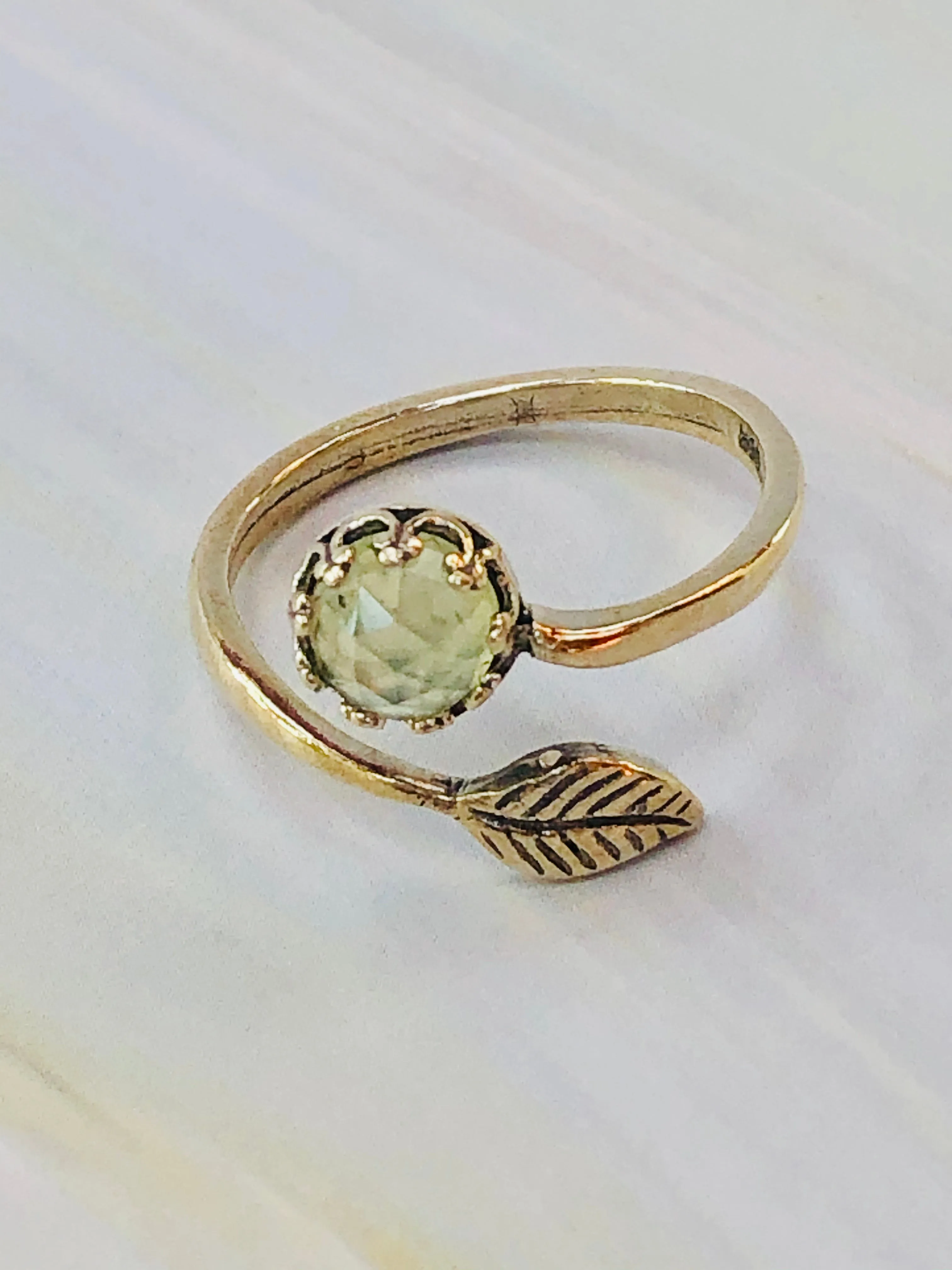 Faceted Prehnite Leaf Ring, Botanical jewelry collection