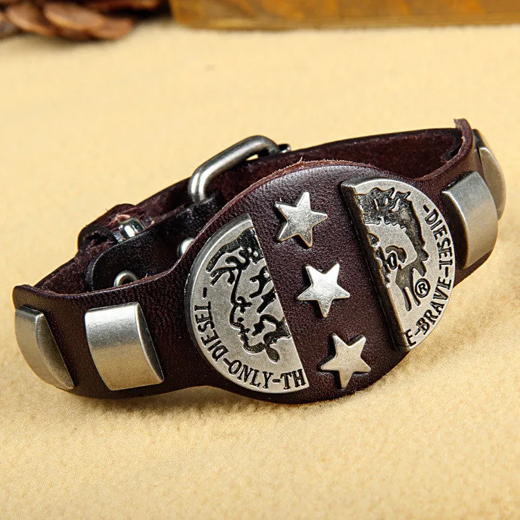 Fashion Rock Punk Style Cool "Brave" star Men Woman Genuine Leather Bracelet Hotsale Kull Bracelets