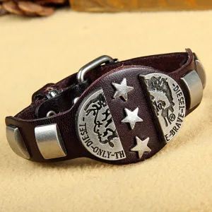 Fashion Rock Punk Style Cool "Brave" star Men Woman Genuine Leather Bracelet Hotsale Kull Bracelets