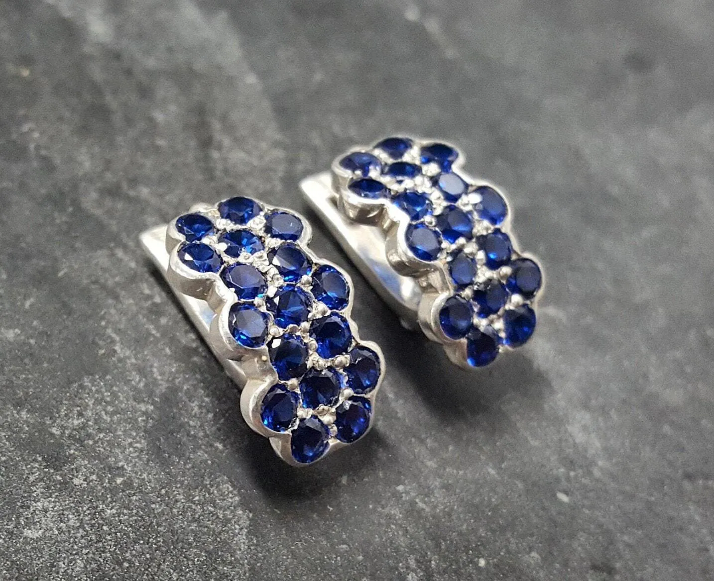 Flower Sapphire Earrings - Blue Honeycomb Earrings - Vintage Drop Earrings