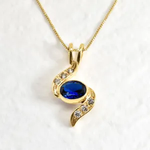 Gold Sapphire Pendant - Blue Bezel Necklace - Wavy Vintage Necklace