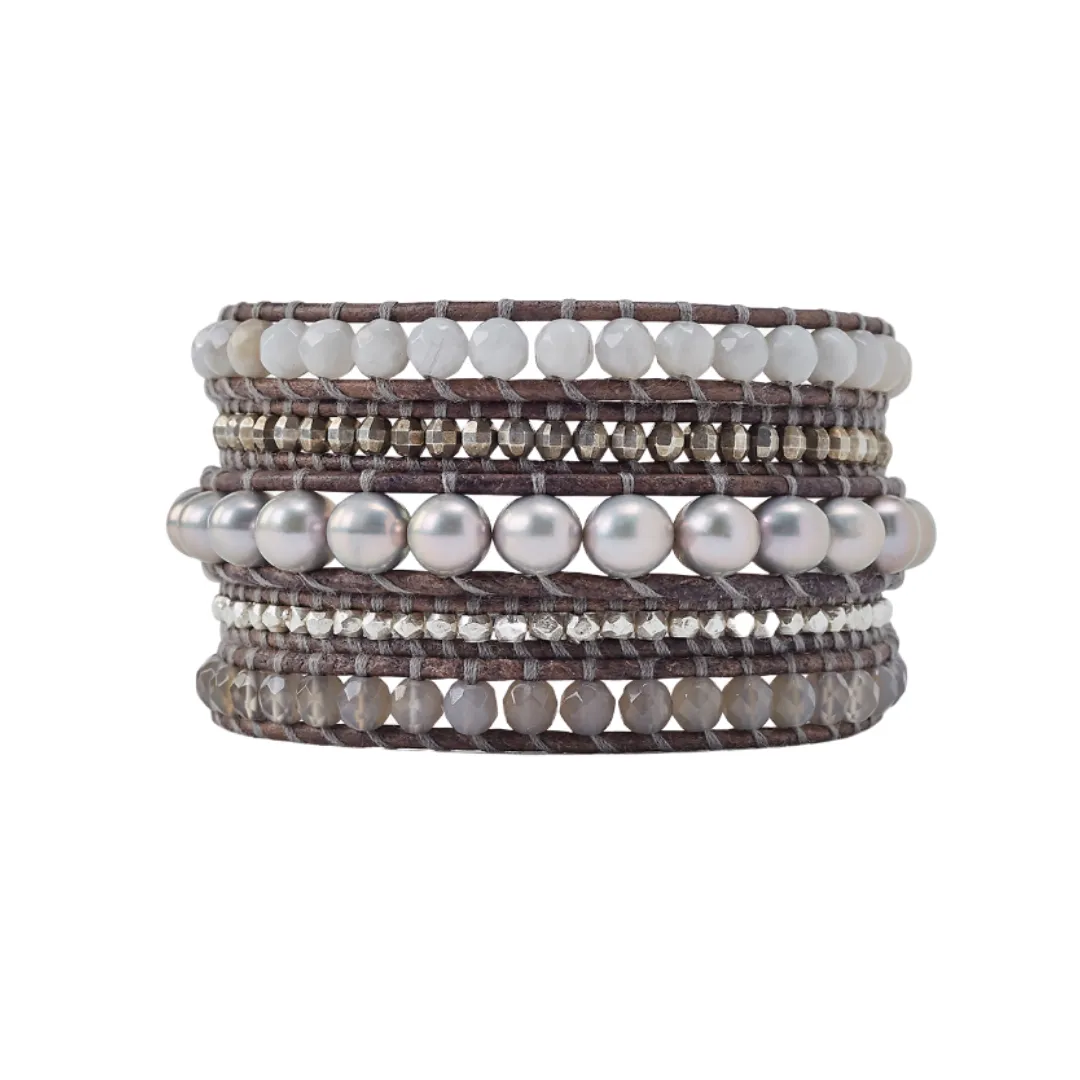 Gray Freshwater Pearl Leather Wrap Bracelet