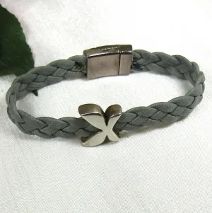 Grey Braided Leather Bracelet with Butterfly