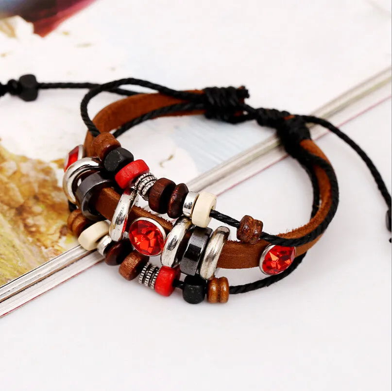 HOT Bohemia Ethnic Fashion Red Crystal Bracelet Multilayer Genuine Leather Strap Round Beads Bracelet Bangle Women Ruby Jewelry