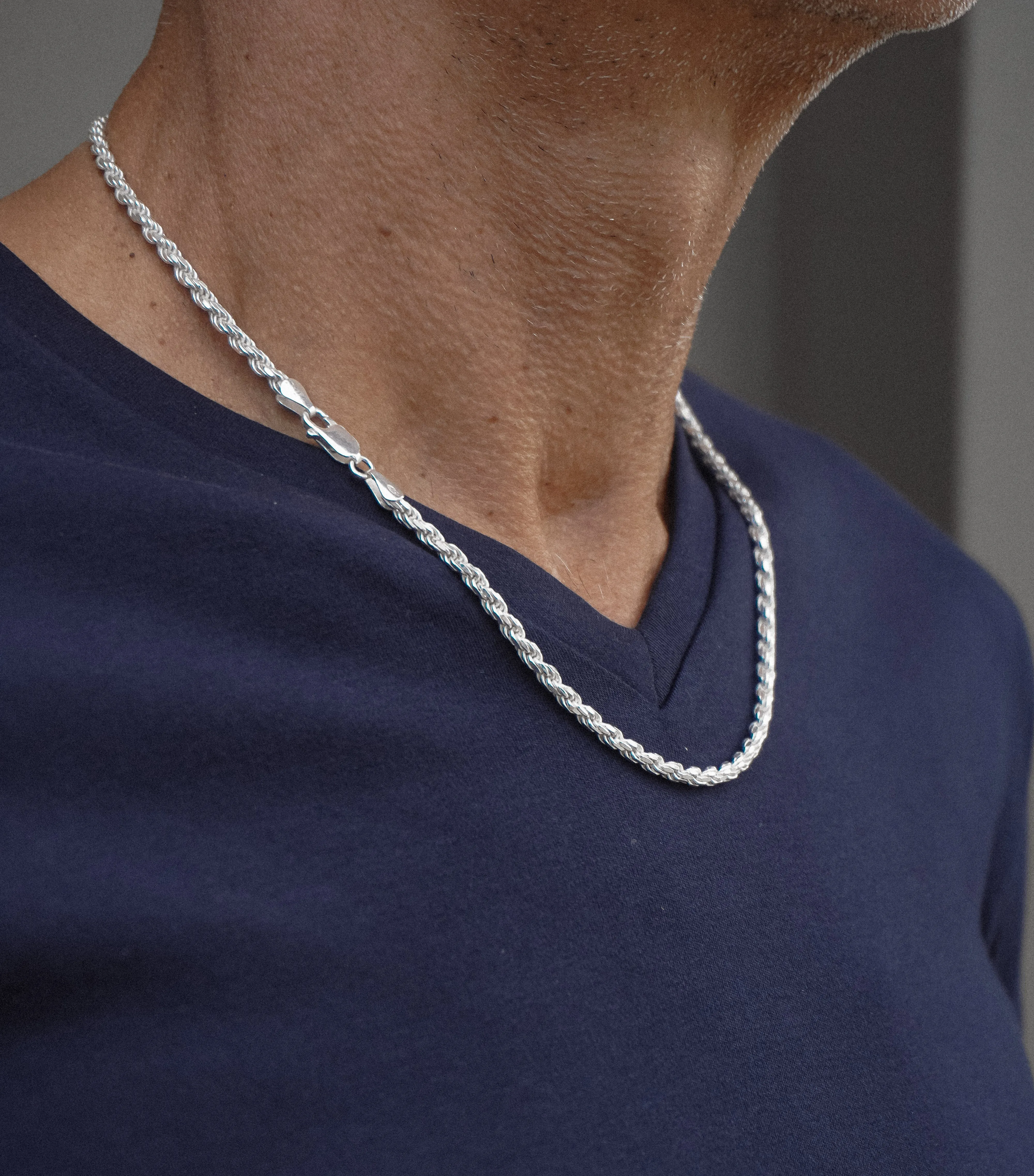 Italian 925 Sterling Silver Men's Rope Necklace, Sterling Silver Necklace, Men's Necklace