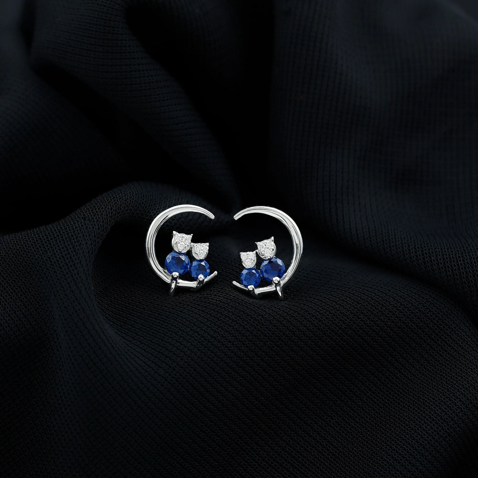 Lab Grown Blue Sapphire and Diamond Cat and Moon Stud Earrings