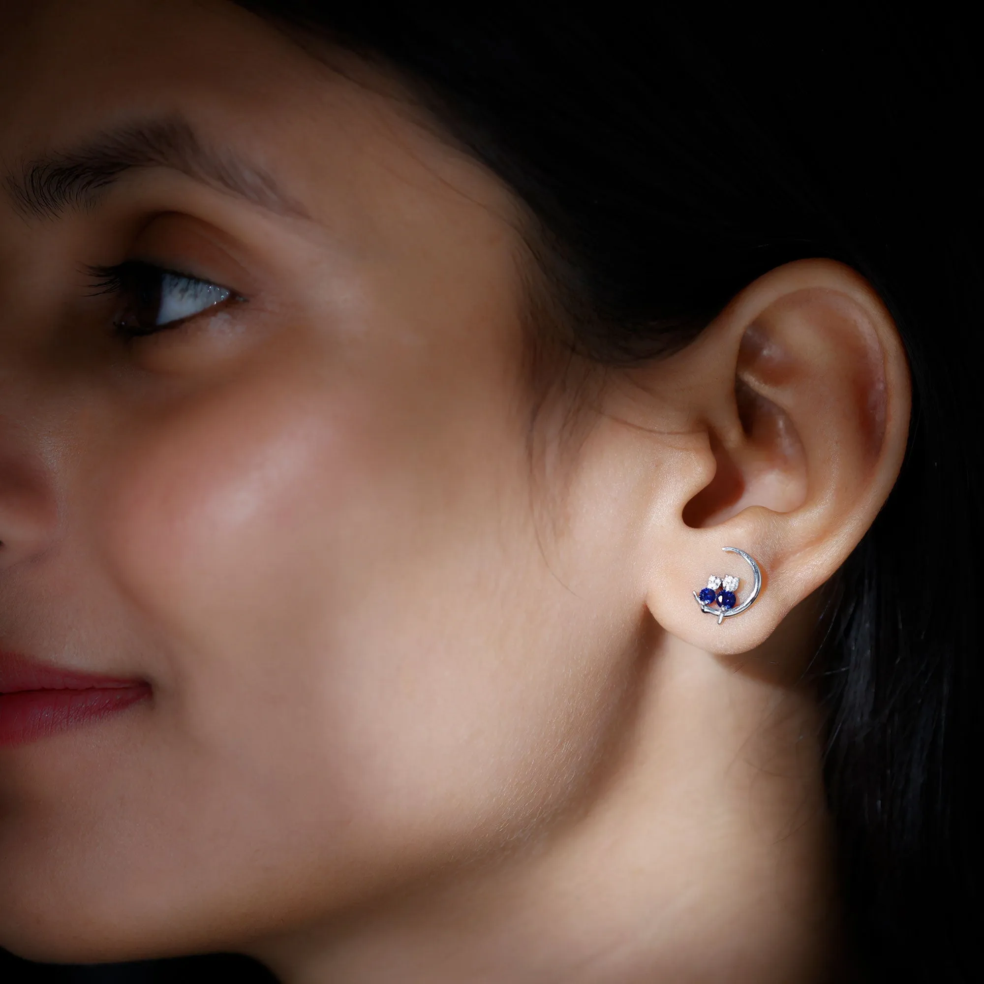 Lab Grown Blue Sapphire and Diamond Cat and Moon Stud Earrings