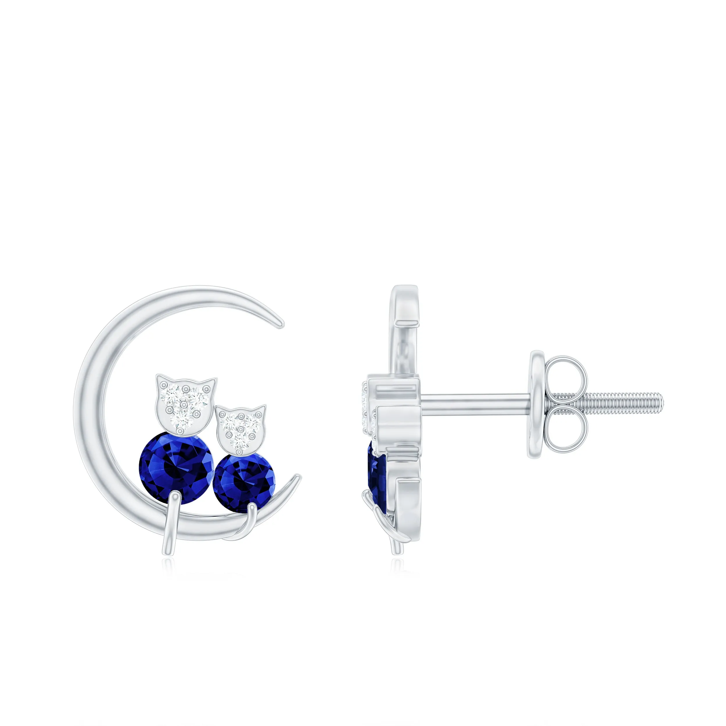 Lab Grown Blue Sapphire and Diamond Cat and Moon Stud Earrings