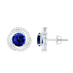 Lab Grown Blue Sapphire Braided Halo Stud Earrings with Diamond