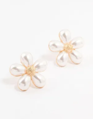 Large Gold Pearl Flower Stud Earrings