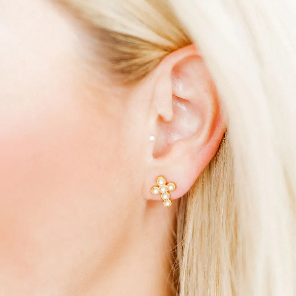 Linny Co | Bethany Gold Tone Pearl Cross Stud Earrings