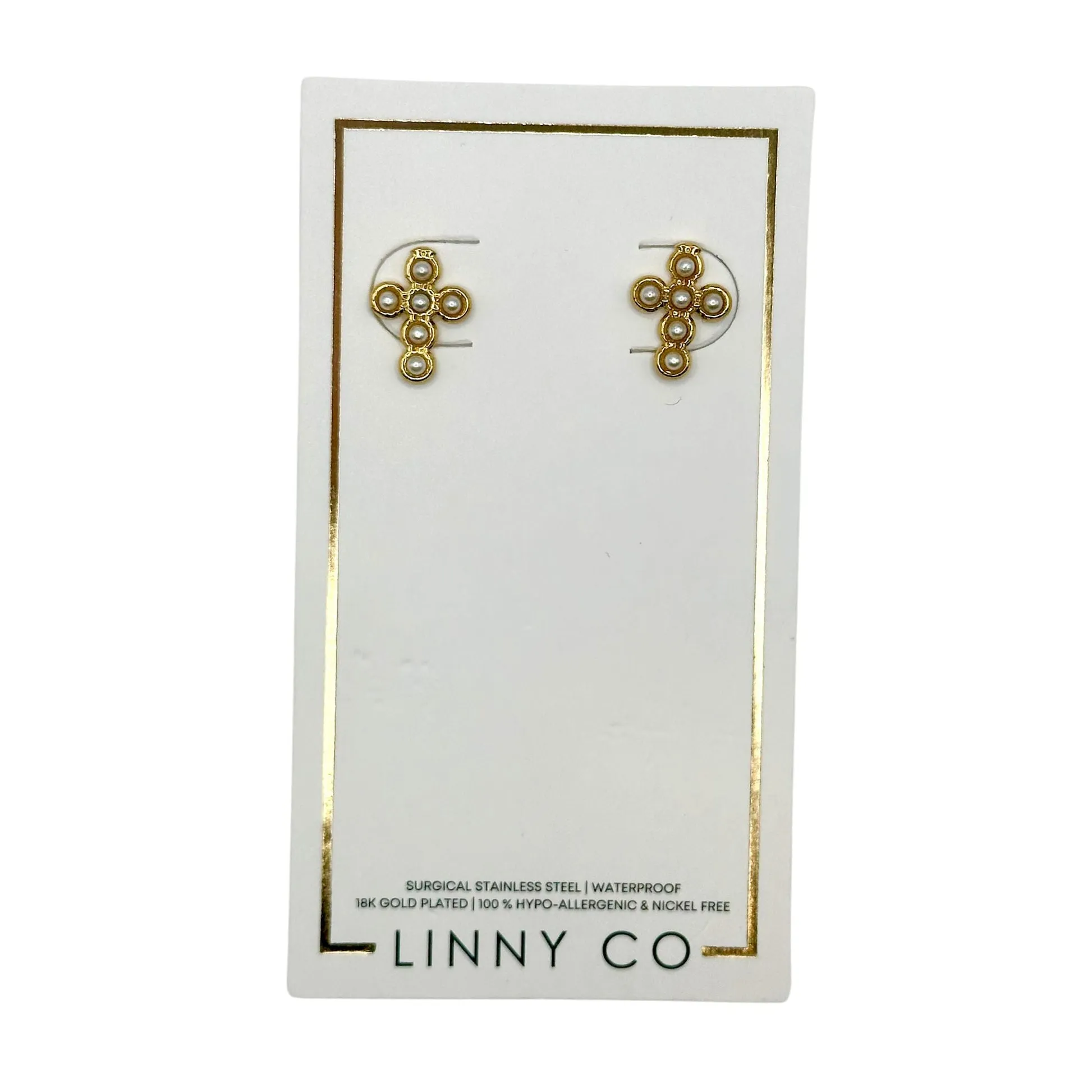 Linny Co | Bethany Gold Tone Pearl Cross Stud Earrings