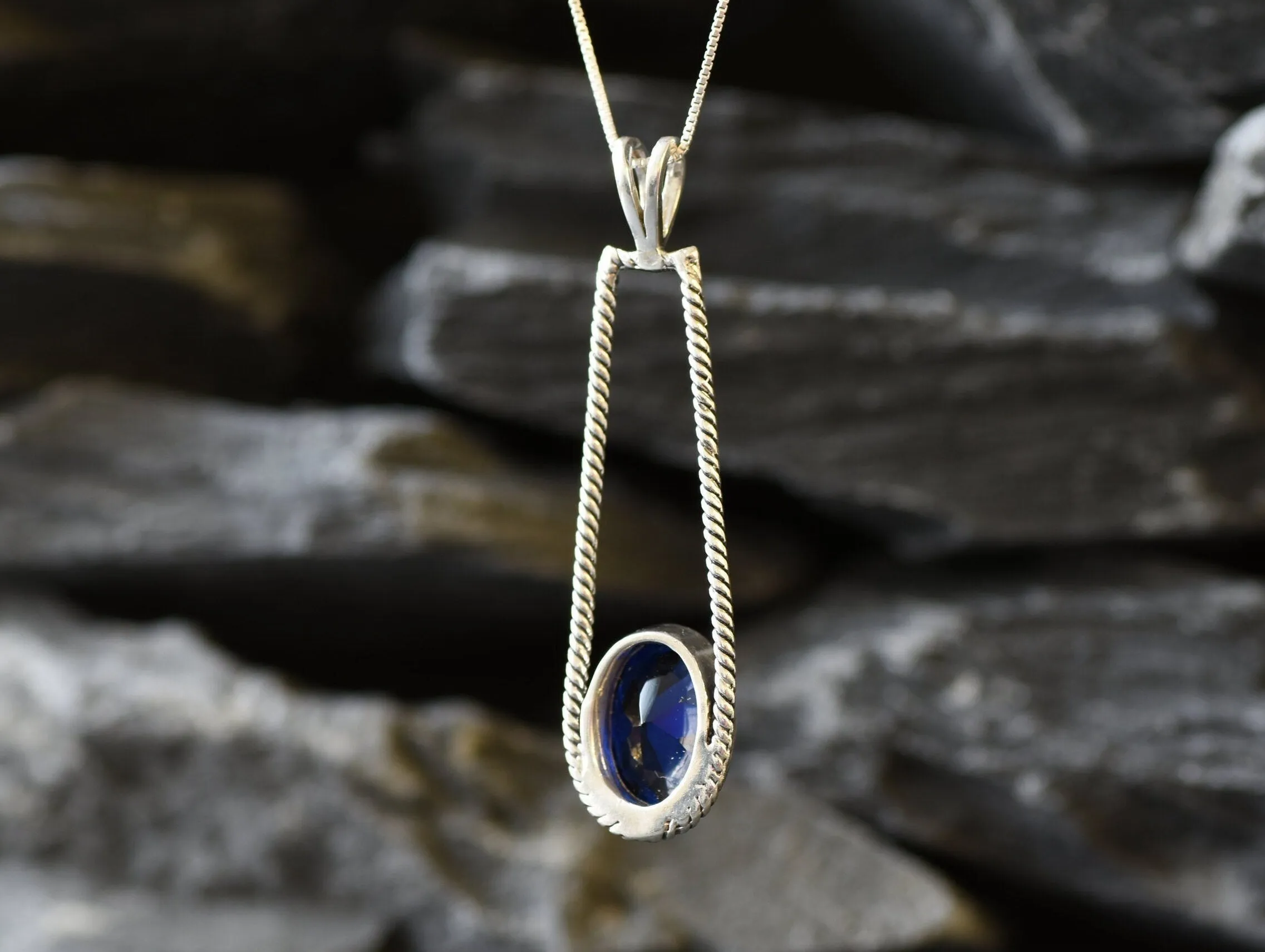 Long Sapphire Pendant - Blue Statement Necklace - Vintage Oval Necklace