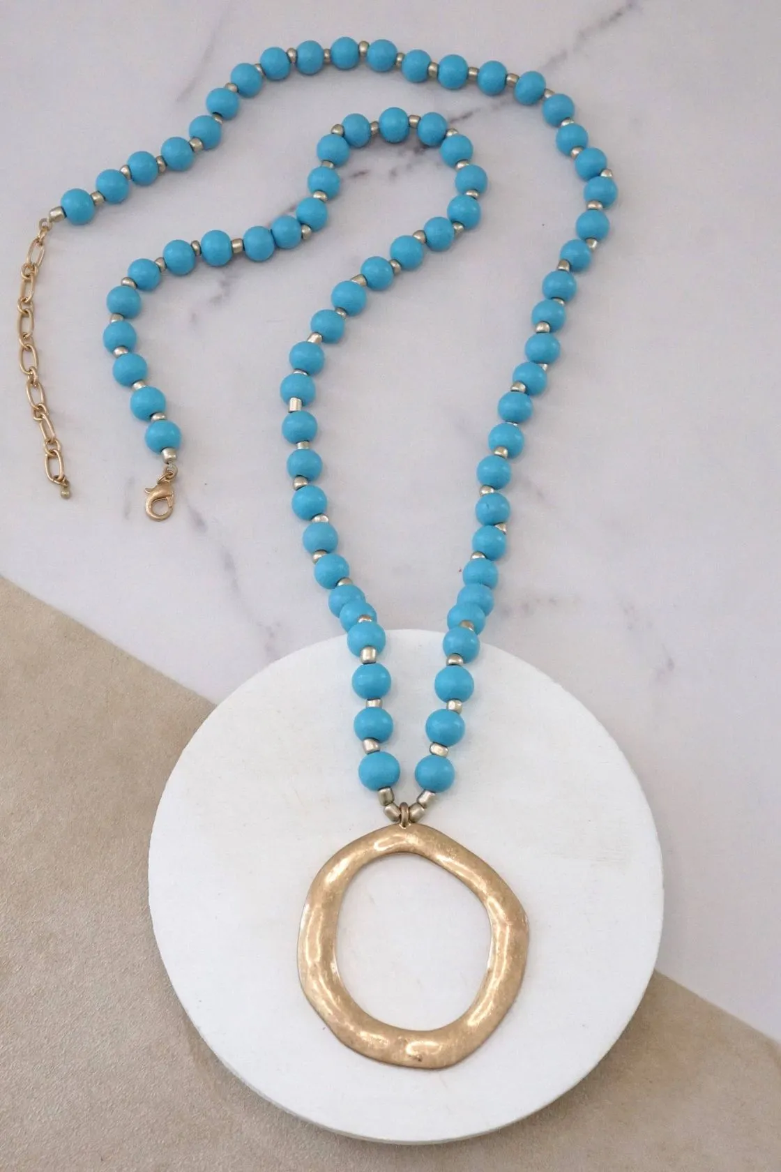 Long Wooden Bead Necklace with Gold Circle