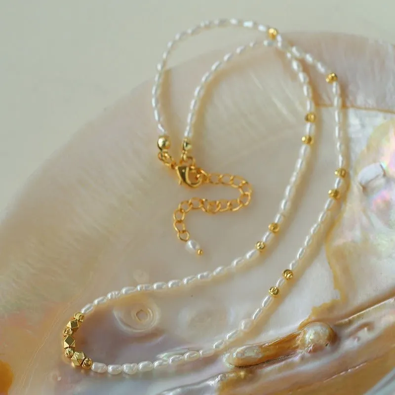 Minimalist Necklace with Small Gold Beads and Rice Pearls