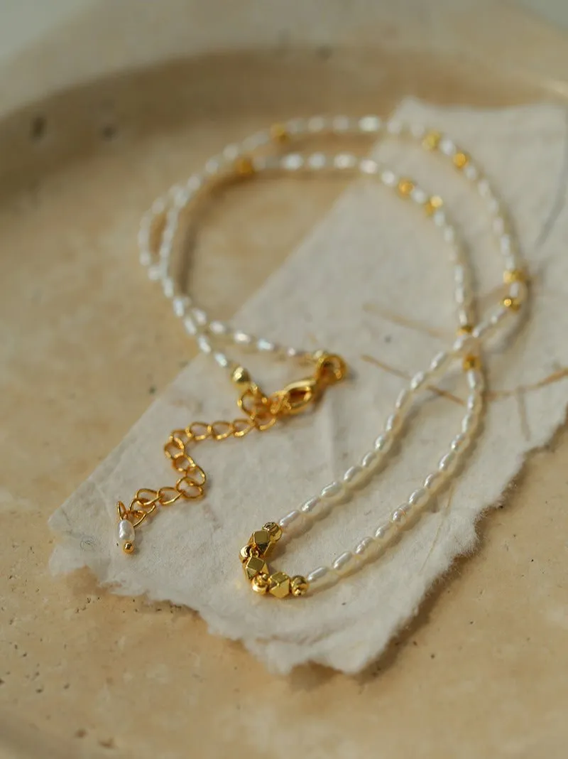 Minimalist Necklace with Small Gold Beads and Rice Pearls