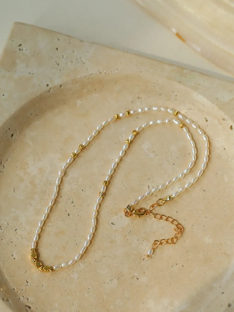 Minimalist Necklace with Small Gold Beads and Rice Pearls