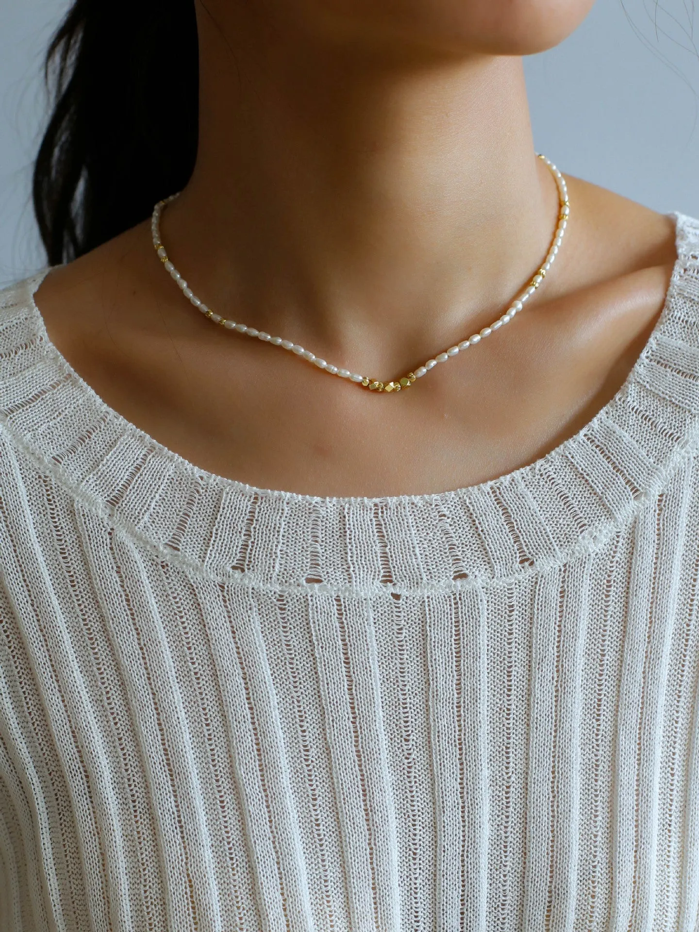 Minimalist Necklace with Small Gold Beads and Rice Pearls