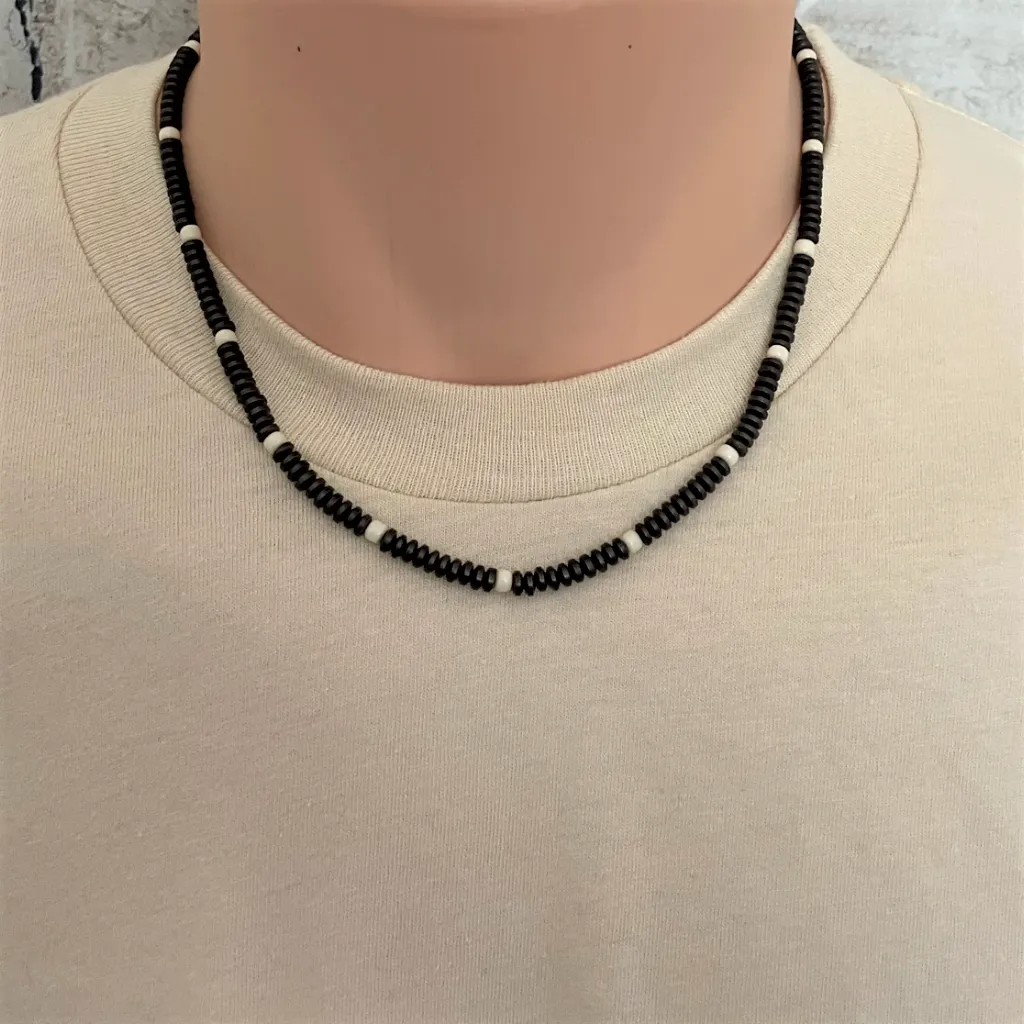 Mocha Brown Matte Hematite Rondelle and Beige Toho Beaded Mens Necklace