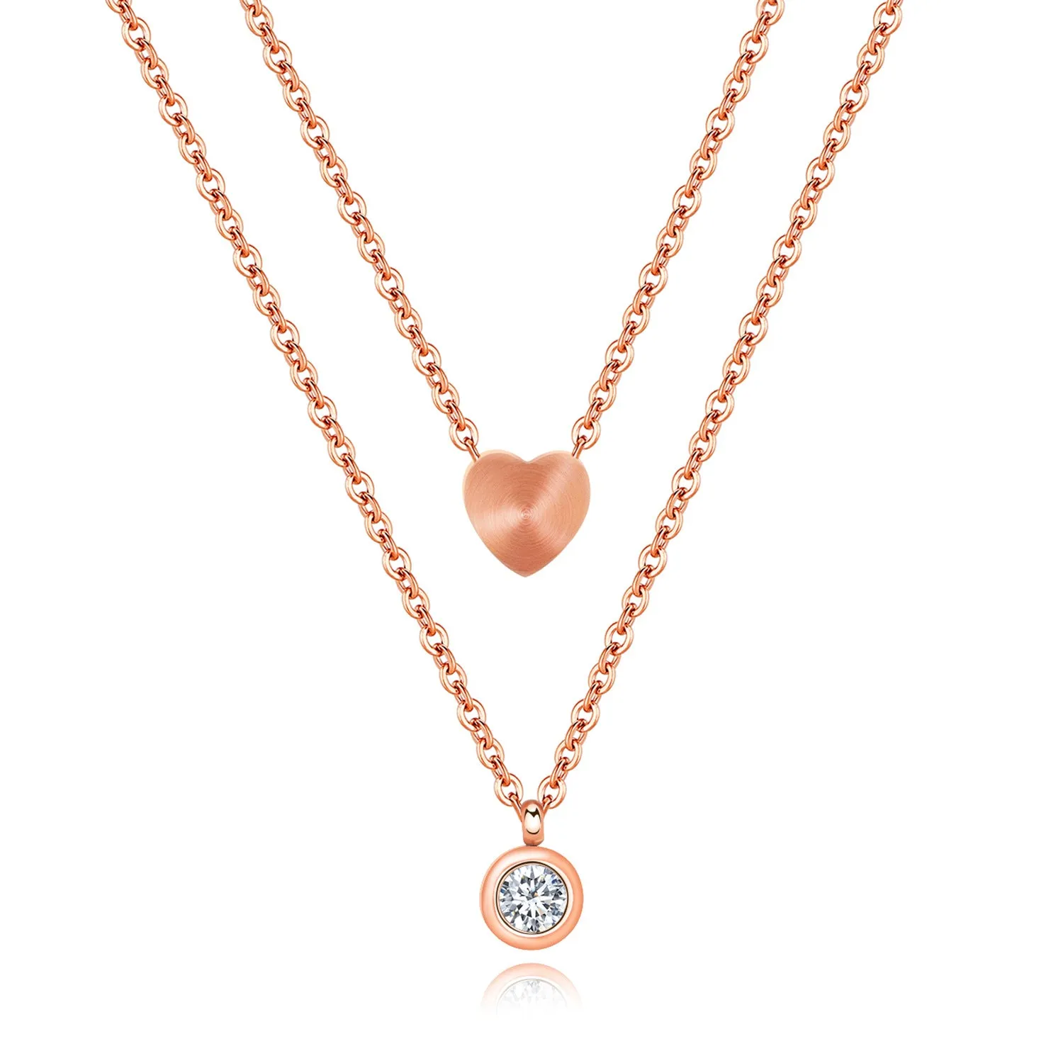 NEHZUS Titanium Rose Gold Plated Double Layer Love Heart Shaped Necklace with Diamonds As A Gift for A Girlfriend