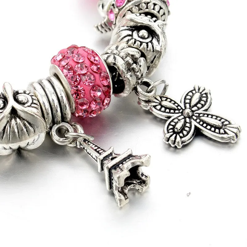 New Fashion 925 Silver Bracelet For Women Flower Tower Bracelet Pink Crystal Beads Paris Charms Diy Pulsera