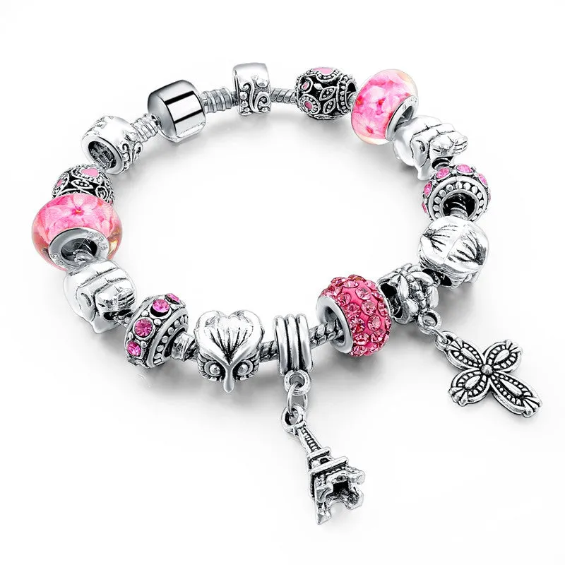 New Fashion 925 Silver Bracelet For Women Flower Tower Bracelet Pink Crystal Beads Paris Charms Diy Pulsera