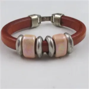 Orange Leather Bracelet with Silver and Ceramic Accents